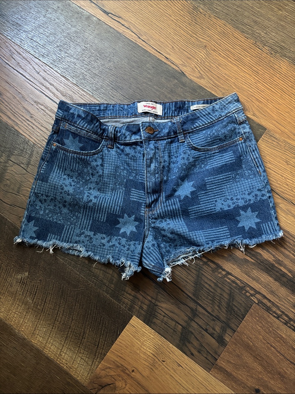 Wrangler Dark Blue Star & Stripe Pattern Denim Cutoff Shorts